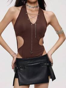 INAWLY Bodysuit Wanita Warna Polos dengan Desain Tali Rantai, Model Halter Neck, Cocok untuk Acara Malam, Musik, Pesta, Musim Panas, Warna Cokelat Tua, Seksi - Coklat - View 8