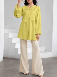 Graceveil Solid Color Lace Patchwork Textured Blouse - Yellow - View 6