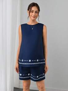 SHEIN Maternity Floral Print Tie-Front Top And Drawstring Waist Shorts Casual Daily Outfit - Blue - View 3