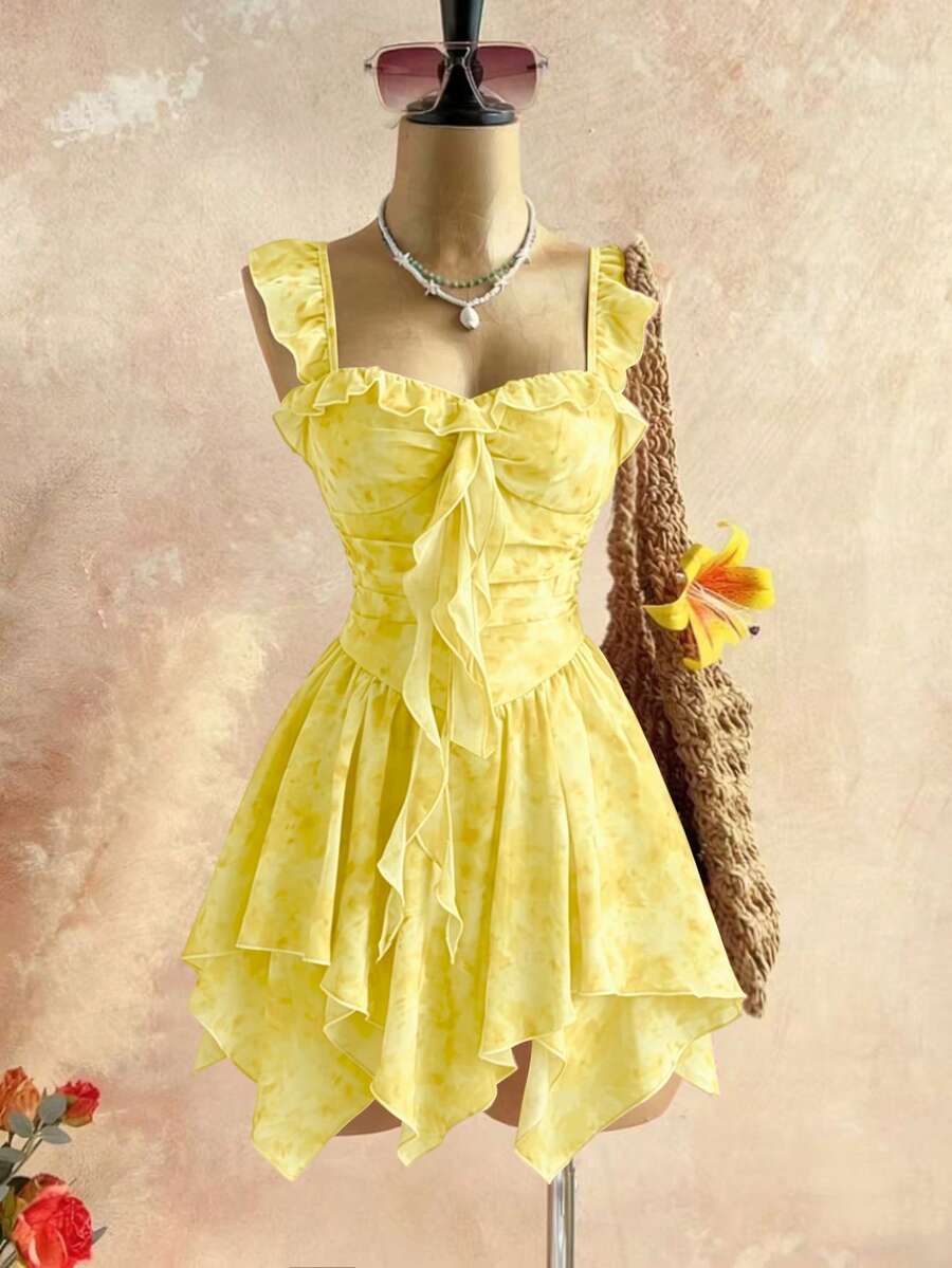 SHEIN Unity 女款夏季度假夢幻浪漫優雅洋裝,飾有層次荷葉邊點綴,不對稱魚尾下擺設計,適合約會、派對、度假、下午茶與生日場合 - 黃色 - 查看 1