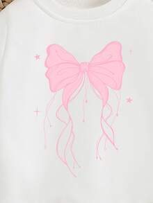 SHEIN 女童時尚創意清新極簡風粉色蝴蝶結圖案印花休閒基礎款圓領衛衣慵懶穿搭 - 卡其色 - 查看 8