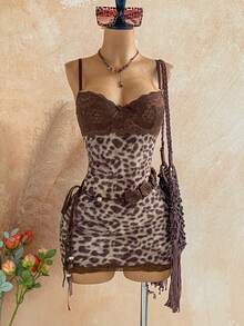 Soleia Plus Size Women's Lace Patchwork Leopard Print Sexy Date Party Spaghetti Strap Dress - Multicolor - View 6