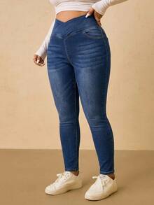 SHEIN Tall CURVE Tall CURVE 大码女士交叉腰高腰弹力紧身牛仔裤，休闲日常夏季女裤 - 藍色 - 查看 7