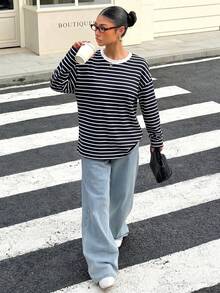 Muchica 女款寬鬆黑色條紋露背綁帶長袖T恤，適合穿搭、返校季、街頭風露背上衣 - 藏蓝色 - 查看 7