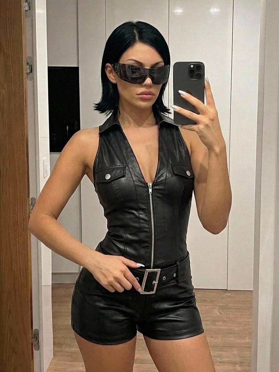 SHEIN ICON 女士PU材质拉链扣腰紧身连体衣 - 黑色 - 查看 1