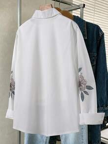 SHEIN 女童白色襯衫 | 蝴蝶花卉印花 | 寬鬆飄逸 - 白色 - 查看 2