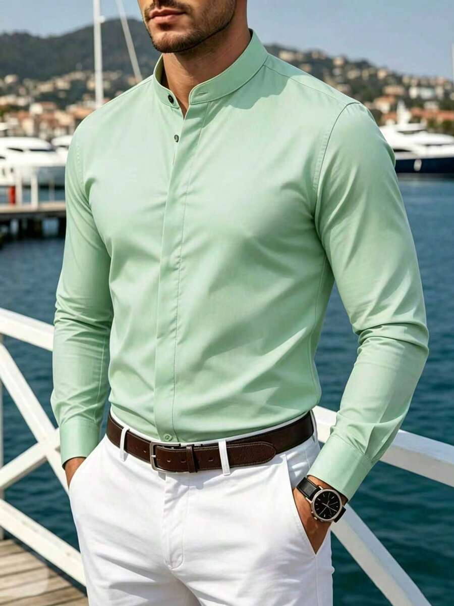 Calvornis Men's Solid Color Mandarin Collar Hidden Button Design Business Casual Long Sleeve Shirt/Formal Tops For Men Office Shirt For Men/Formal Shirt For Men - Mint Green - View 1