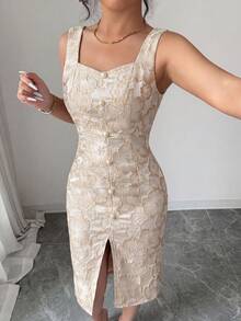 Elenzga Women's 2026 New Light Blue Spring/Summer Retro Elegant Floral Jacquard Sweetheart Neck Sleeveless Versatile Waist-Cinching Midi Dress, Adorned With Pearl And Metal Button Embellishments And A Slit Design. A Luxurious French-Style Dress Suitable For Women Aged 20-35+ For Dates, Parties, Formal Evenings, And Office Wear (Random Print). - Apricot - View 4