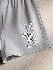 LOONEY TUNES X SHEIN 男嬰夏季休閒兔子印花條紋圓領短袖T恤與短褲套裝 - 灰色 - 查看 6