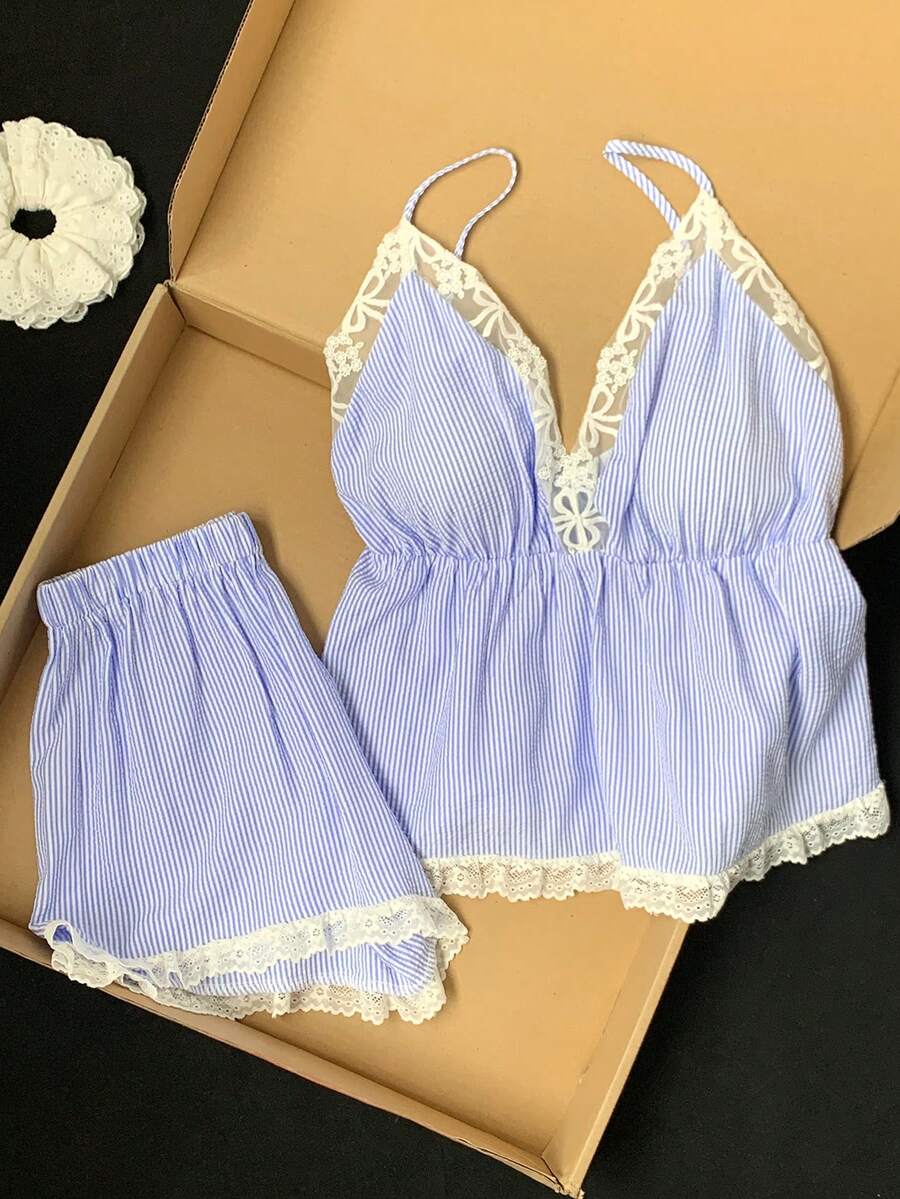 Comfortcana 2件組蕾絲飾邊條紋吊帶背心與短褲套裝 - 藍色 - 查看 1