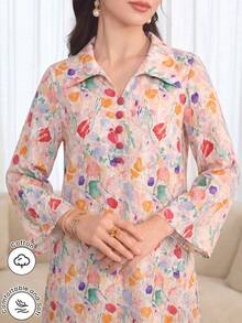 Al Najma Camisa larga de algodón con estampado multicolor y botones en el frente con solapa - Multicolor - Ver 2