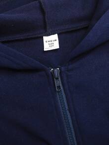 SHEIN 青少年女孩針織深藍色刺繡圖案連帽夾克與長褲休閒兩件套 - 藏蓝色 - 查看 8
