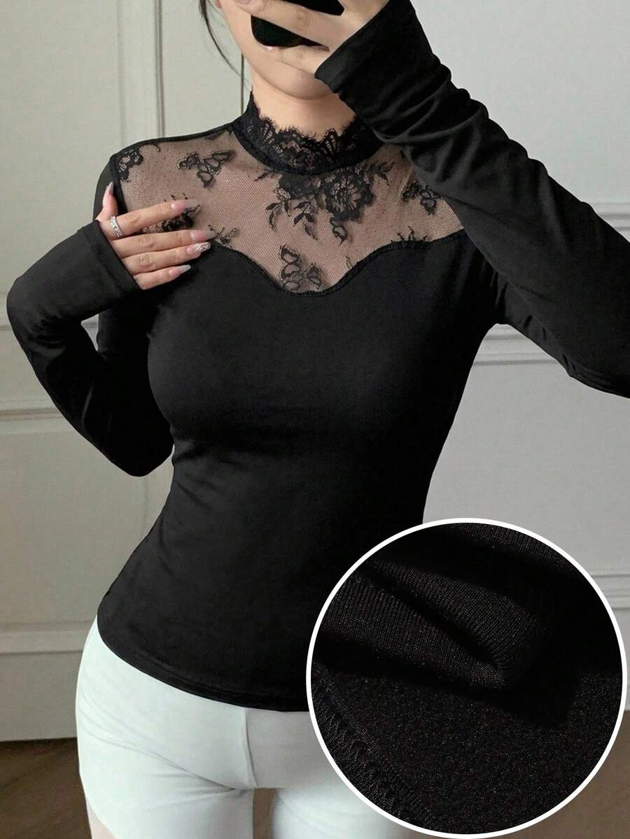 FRIFUL Kaos Lengan Panjang Wanita Model Pas Badan dengan Motif Renda dan Patchwork, Serbaguna untuk Aktivitas Sehari-hari - Hitam - View 1