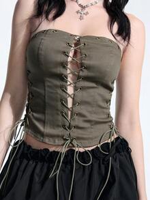 ROMWE Y2K Women's Solid Color Sexy Eyelet Tie Design Fashion Versatile Date Club Concert Outing Bandeau Top Halloween Olive Green Summer - Army Green - View 10