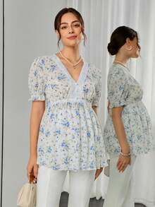 SHEIN قميص مريح بطبعة زهور صغيرة للحوامل - الأزرق - مشاهدة 3
