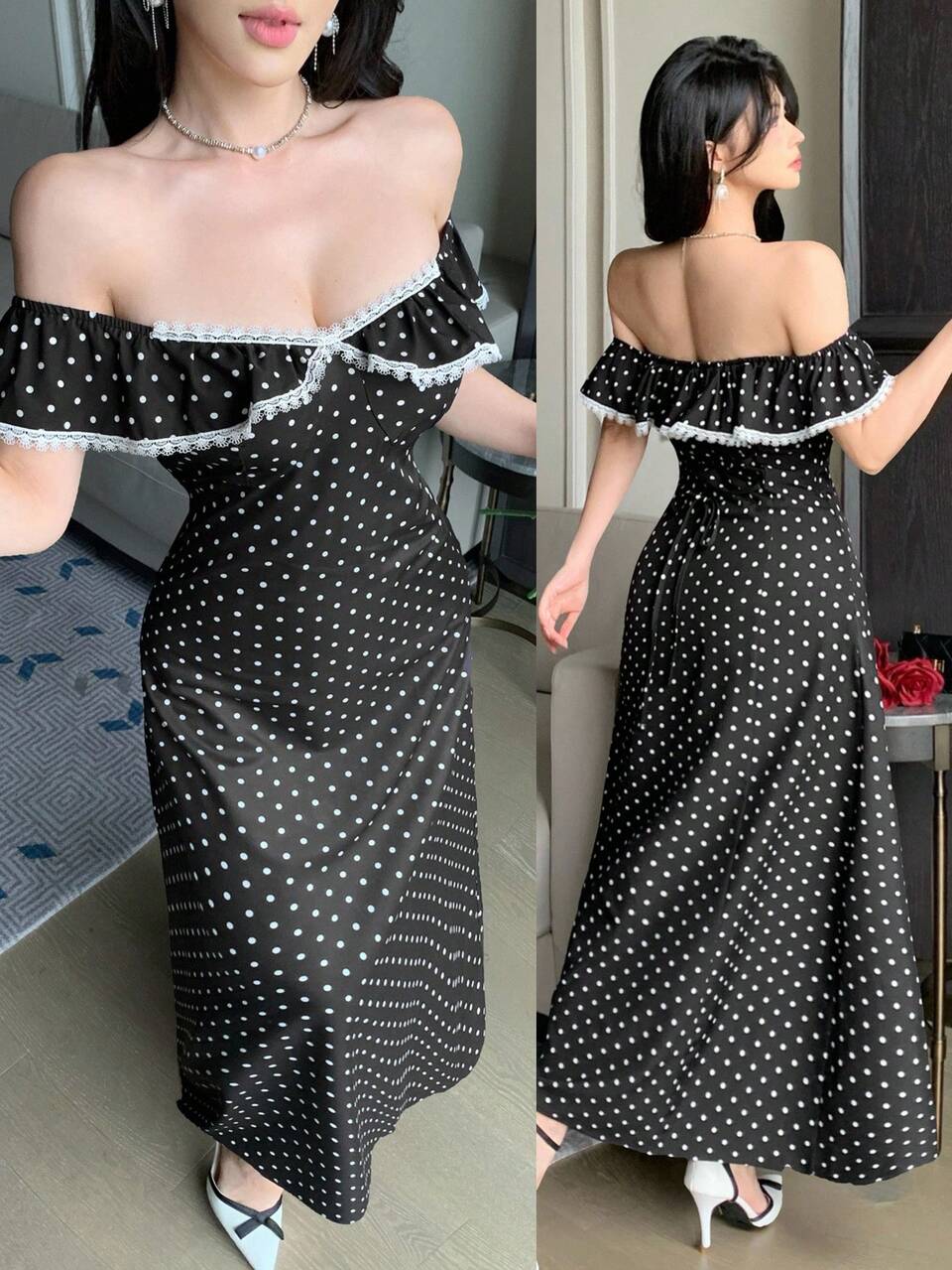 Women's Lace Polka Dot Vacation Dress, Retro Waist Cinched Square Neck A-Line Midi Dress Sundress