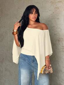 Rustia Plus Size Women's Solid Color Asymmetrical Shoulder Casual Versatile Everyday T-Shirt - Apricot - View 7