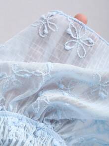 Sweetra 法式甜美清新粉色刺繡百褶A字版型短袖女款春夏上衣 - 藍色 - 查看 4