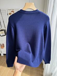 SHEIN 青少年女孩毛衣，3D毛巾刺繡圓領純藍套頭衫，柔軟針織卡通熊條紋毛衣，簡約可愛長袖上衣，適合秋冬居家、外出、派對、拍照與玩耍 - 藏蓝色 - 查看 3