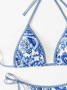 SHEIN Swim 佩斯利印花两件套比基尼套装，夏日海滩 - 藍白色 - 查看 4