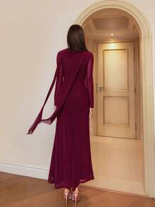 Modelyn Women's Solid Color Flare Sleeve Fitted Elegant Dress - Burgundy - View 2