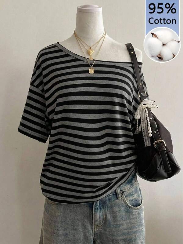 Attitoon Women's 95% Cotton Black/Grey Striped Off-Shoulder Tee - Y2K Streetwear, Summer/Home, Soft Girl,Punk