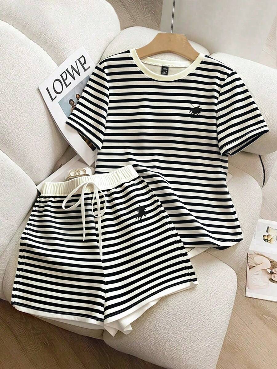 Resyla 2pcs/Set Women's Fashionable Striped Outfit, Summer - Multicolor - View 1