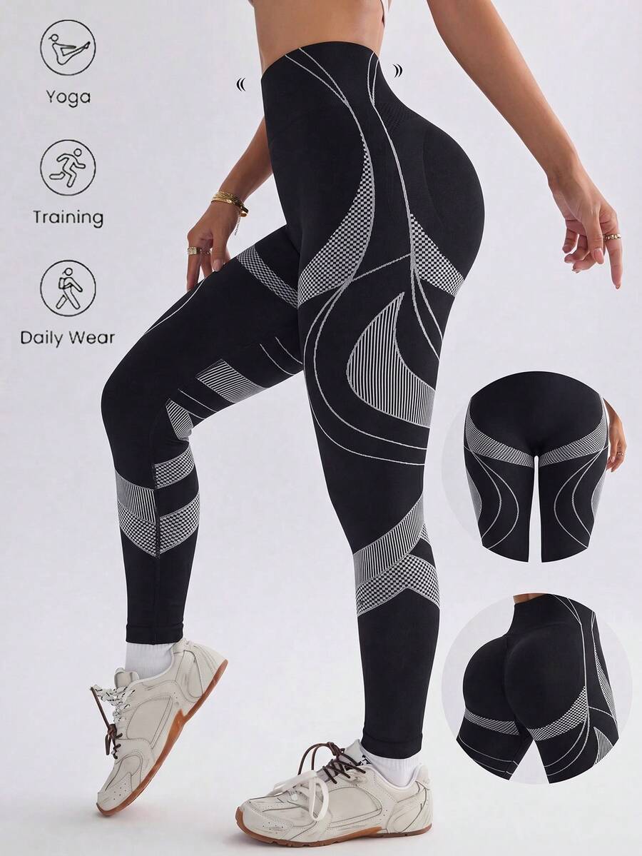 Solea Cove Solea Cove 女款抽象圖案高腰修身休閒運動緊身褲 夏季 - 黑與白 - 查看 1