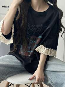 DAZY Women's Letter Print Contrast Lace Cuff Loose T-Shirt ,Petite Women Summer - Grey - View 6