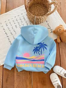 SHEIN Baby Girl Front And Back Tropical Print Front Zipper Hooded Sweatshirt - Blue - View 1