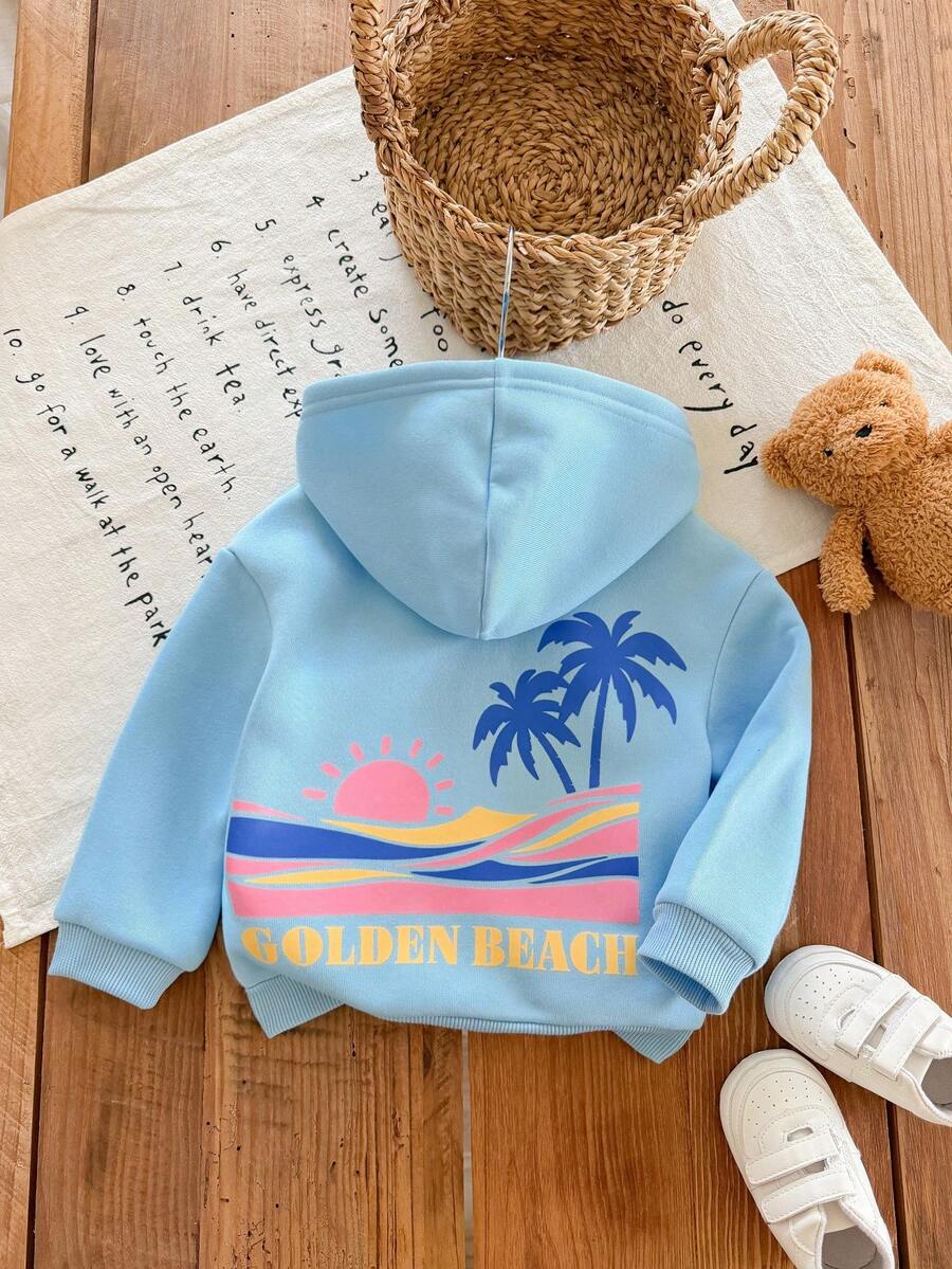 SHEIN Baby Girl Front And Back Tropical Print Front Zipper Hooded Sweatshirt - Blue - View 1