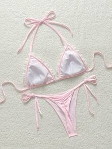 Soleia Vacation Beach Floral Embroidered Bikini Set Bathing Suit For Women Pink Summer Cute - Pink - View 2
