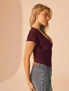 Aralina Women's Solid Color Deep V-Neck Ruched Fitted Versatile Casual T-Shirt - Burgundy - View 6