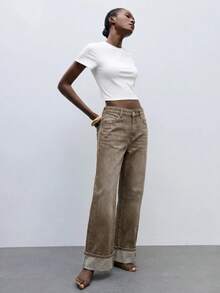 Maija Celana Jeans Wanita Longgar Kasual Model Kaki Lebar dengan Ujung Bawah Digulung dan Saku - Coklat - View 6