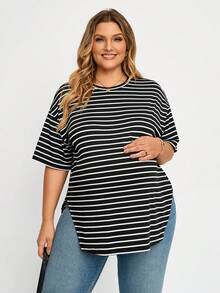 Plussiva Plus Size Maternity Round Neck White Casual Versatile Daily Wear Top Summer - Black and White - View 4