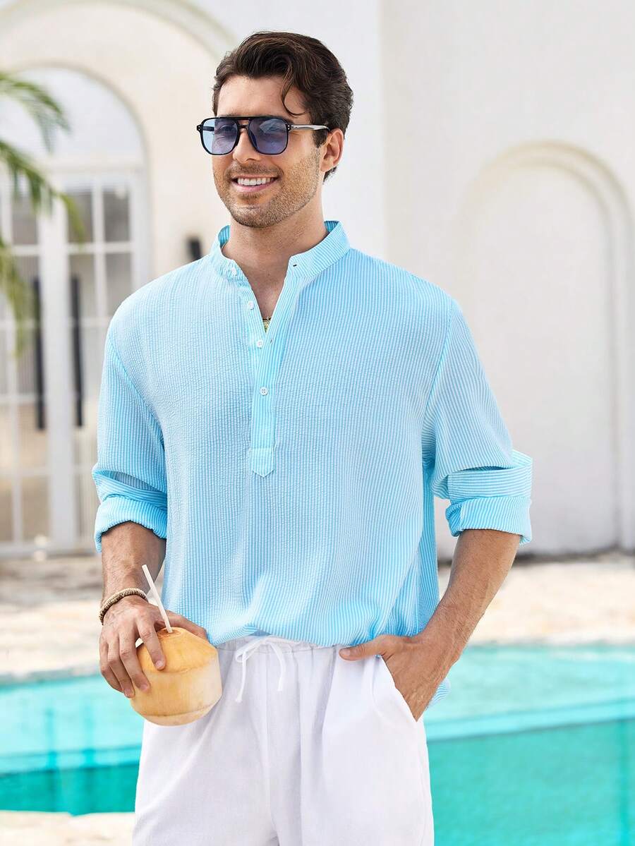 Mercer Haus Men Half Placket Stand Collar Linen Long Sleeve Shirt,Lightweight Breathable Loose Casual.Summer Vacation,Party,Office Daily Wear.Gift For Men. - Cadet Blue - View 1