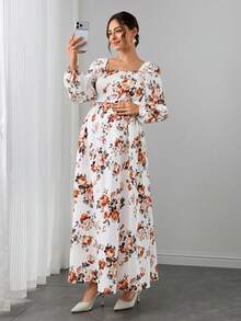 SHEIN فستان حمل نسائي صيفي بطبعة زهور رومانسية، بياقة مربعة، تصميم بدون ظهر - متعدد الألوان - مشاهدة 7