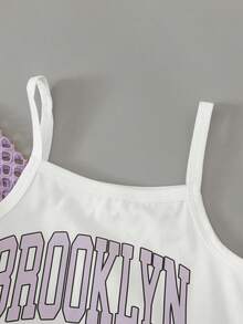 SHEIN 女童 3 件套 透氣網布上衣、白色字母印花背心與長款運動長褲，休閒時尚運動風，秋冬款 - 紫色 - 查看 3