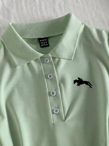 Elamini 女款 Polo 領休閒短袖洋裝，馬術印花設計 - 薄荷綠 - 查看 4