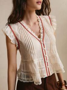 CielaLinda Women's Ruffle V-Neck Lace Cutout Trim Blouse With Flutter Sleeves - Apricot - View 1