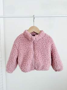 SHEIN LMoss Kids LMoss 女嬰可愛休閒毛絨立領夾克，愛心圖案，適合秋冬穿著 - 淺粉色 - 查看 7