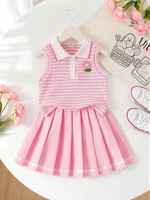 Elladie kids 2件組小女孩學院風甜美夏季條紋無袖POLO領上衣 3D花朵裝飾百褶裙套裝 - 粉色 - 查看 4