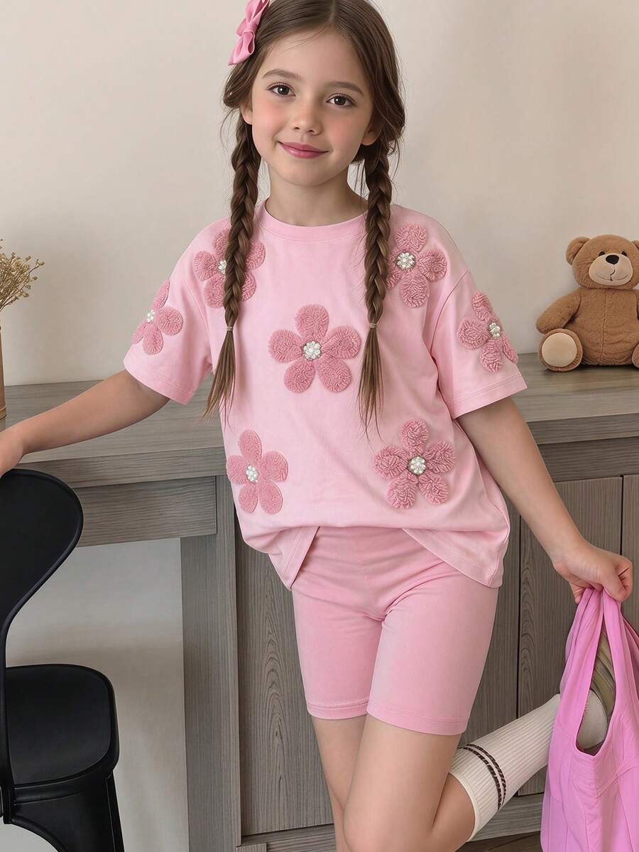 SHEIN Sparklyn 8-12歲大童2件套 - 粉色花卉珍珠裝飾短袖T恤搭配單車短褲套裝,夏季休閒兒童服裝 - 彩色 - 查看 1