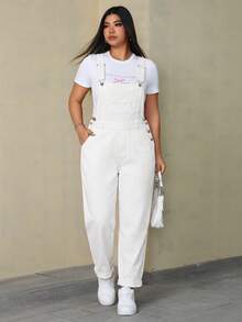 SHEIN ICON 大尺碼女款純色口袋鈕扣設計休閒牛仔連身褲 - 白色 - 查看 6