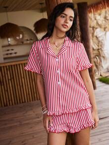 Lullawish Women's Casual Home & Streetwear Striped Woven Fabric Lapel Ruffle Trim Short Sleeve Loose Fit Loungewear Shorts Set - Red - View 4