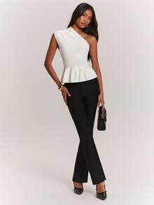 SHEIN BAE Asymmetrical Shoulder Waist-Defining Elegant Slim Fit Women's Sweater - Beige - View 4