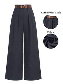SHEIN Tall CURVE 加大码 TALL 系列女士简约褶皱直筒裤，适合通勤 - 灰色 - 查看 1