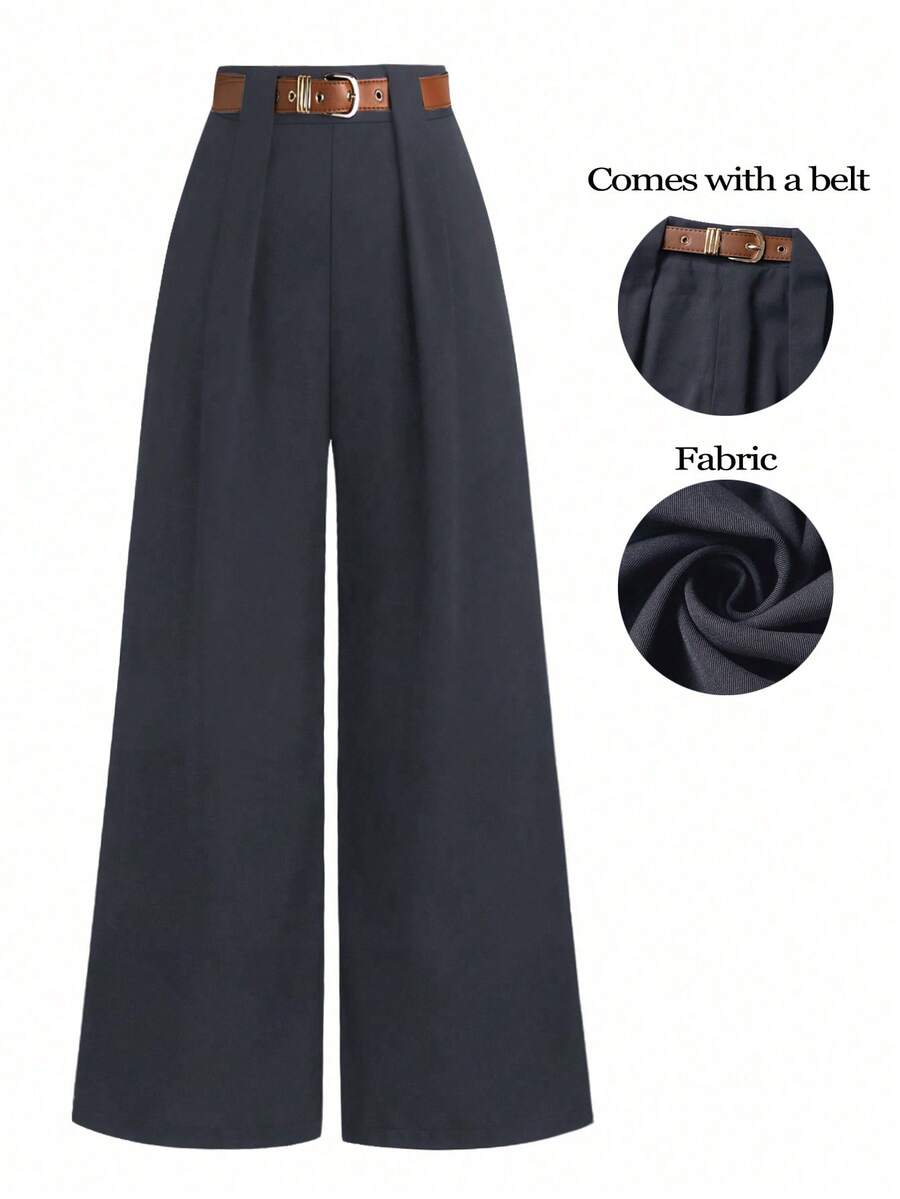 SHEIN Tall CURVE 加大码 TALL 系列女士简约褶皱直筒裤,适合通勤 - 灰色 - 查看 1