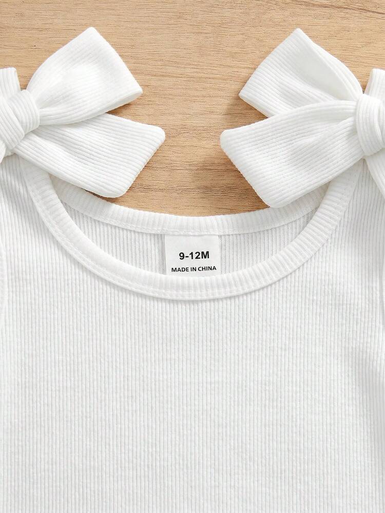 Baby Girl Textured 3D Bow Decor Round Neck Cute Fashion Bodysuit 2pcs Set Comfy Soft Black & White Versatile Ootd Outing Daily Wear - Black and White - View 7