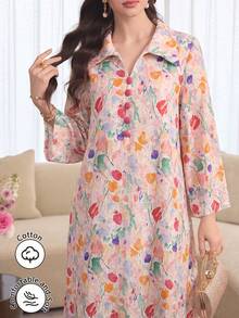Al Najma Camisa larga de algodón con estampado multicolor y botones en el frente con solapa - Multicolor - Ver 4